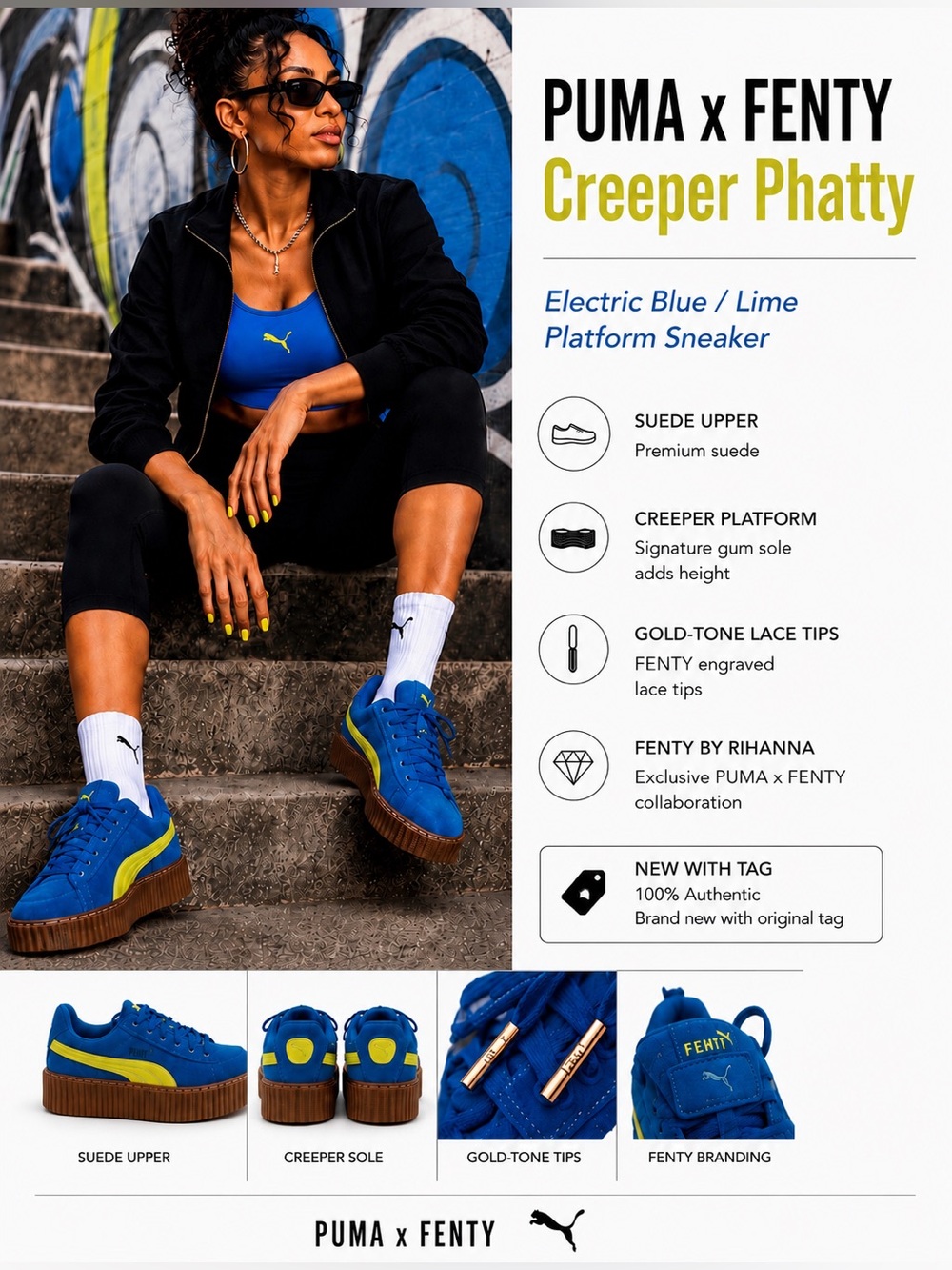 Rihanna Fenty X Puma Creeper Sneakers Phatty Speed Blue lime 8.5 NWT